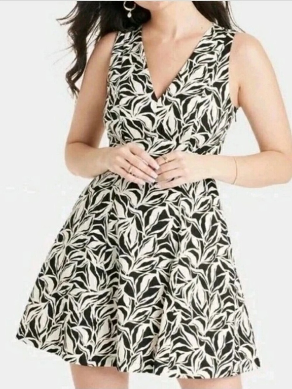 a new day Black & White Leaf-Print V-Neck Fit-and-Flare Mini Dress